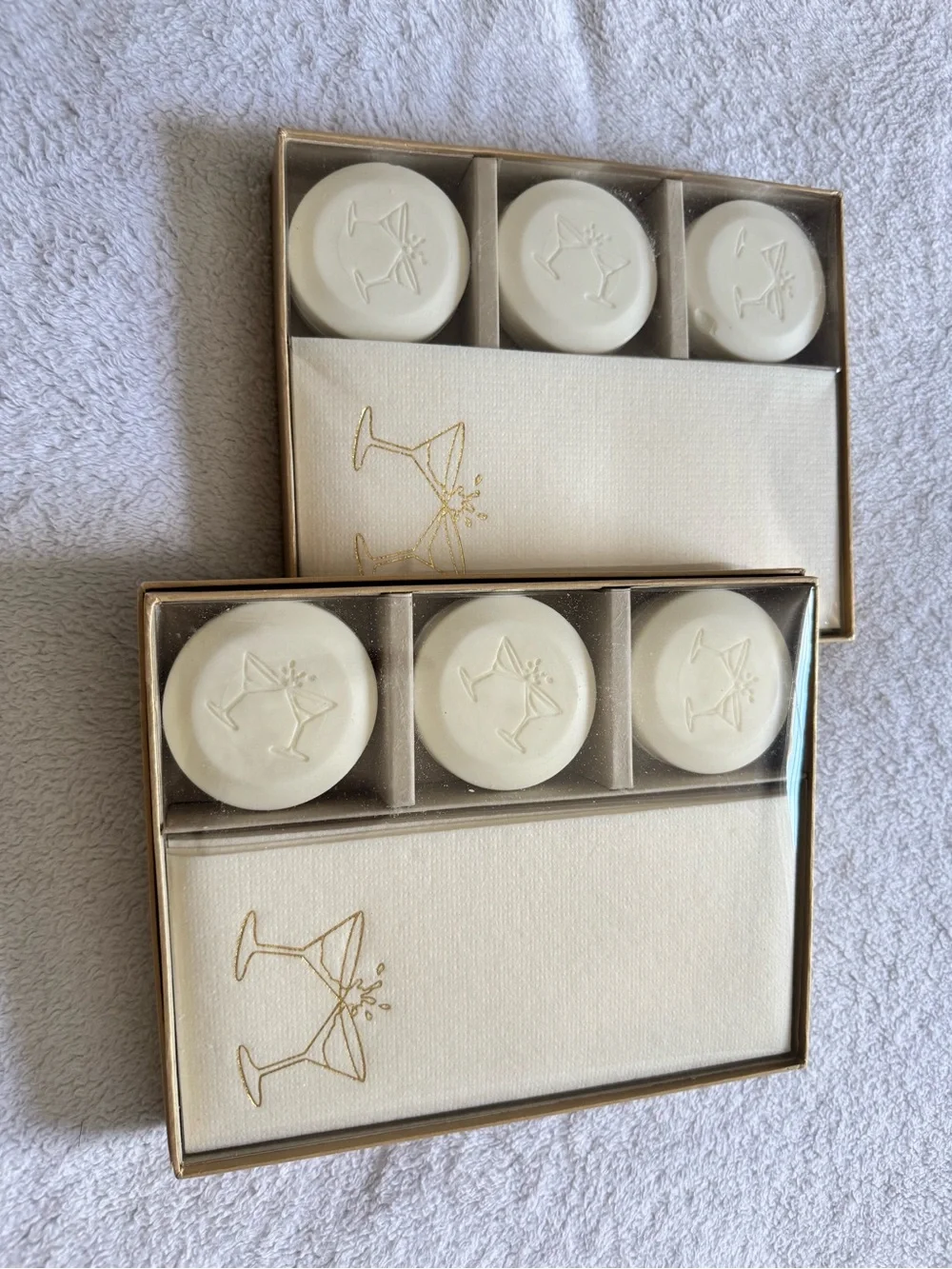 Two Ivory Cocktail Soap Sets with Hand towels perfect Hostess gift